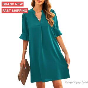 V-Neck Ruffled Sleeve Shift Dress, Polyester, Casual Summer Maternity